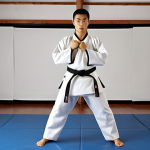 **

Taekwondo student in "Charyeot" stance (attention stance), wearing a Dobok, in a training studio. Focus on posture and respect.

**