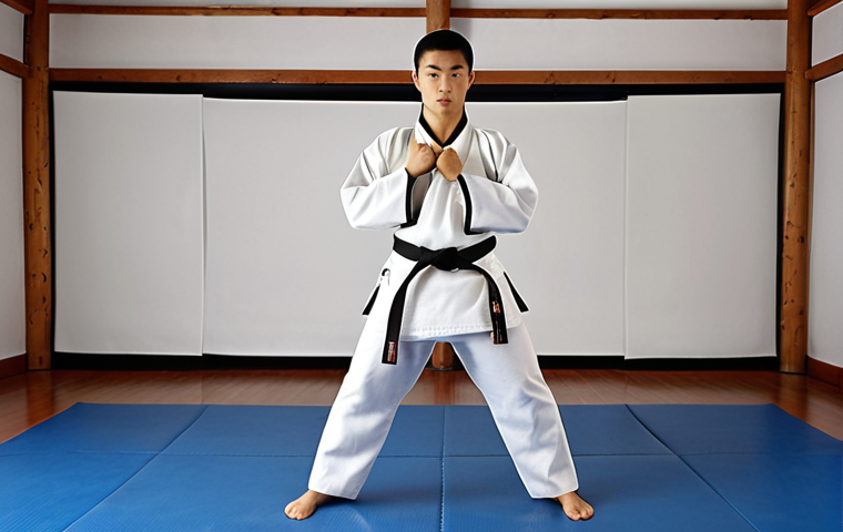 **

Taekwondo student in "Charyeot" stance (attention stance), wearing a Dobok, in a training studio. Focus on posture and respect.

**