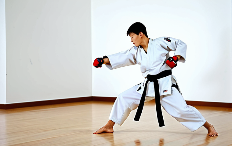 A focused individual, wearing a clean white Taekwondo dobok with a black belt, performing a powerful yet controlled kick towards a target pad in a modern, well-lit martial arts dojo. The dojo features polished wooden floors and minimalist decor. The lighting is bright and even, highlighting the dynamic movement. The person's expression shows intense concentration and inner peace. They are fully clothed, in appropriate attire, modest clothing, perfect anatomy, correct proportions, natural pose, well-formed hands, proper finger count, natural body proportions. The image should be professional photography, high quality, sharp focus, vibrant colors, safe for work, appropriate content, family-friendly.