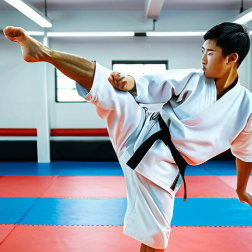 Home 24 **
A professional Taekwondo athlete, fully clothed in a clean, modern dobok (Taekwondo uniform), demonstrating a powerful kicking technique in a well-lit training gym. Focus on sharp, defined movements and perfect form. The background includes training equipment and other athletes practicing. Safe for work, appropriate content, modest attire, professional sports photography, natural proportions, proper finger count, well-formed hands.
**