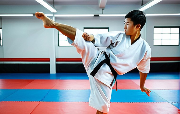 **
A professional Taekwondo athlete, fully clothed in a clean, modern dobok (Taekwondo uniform), demonstrating a powerful kicking technique in a well-lit training gym. Focus on sharp, defined movements and perfect form. The background includes training equipment and other athletes practicing. Safe for work, appropriate content, modest attire, professional sports photography, natural proportions, proper finger count, well-formed hands.
**