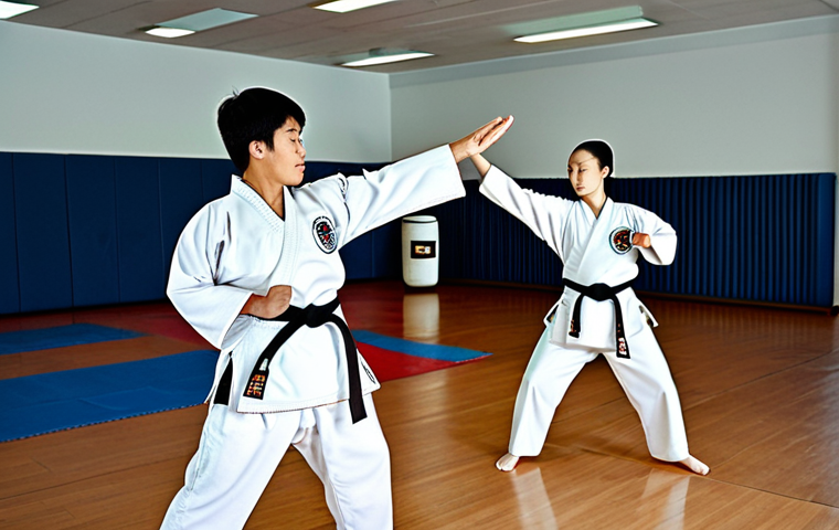 Focused Training**

"A Taekwondo class in session, students fully clothed in doboks practicing forms with focused expressions, a dedicated instructor providing guidance, safe for work, appropriate content, fully clothed, professional martial arts setting, well-lit dojang, perfect anatomy, natural proportions, family-friendly."

**