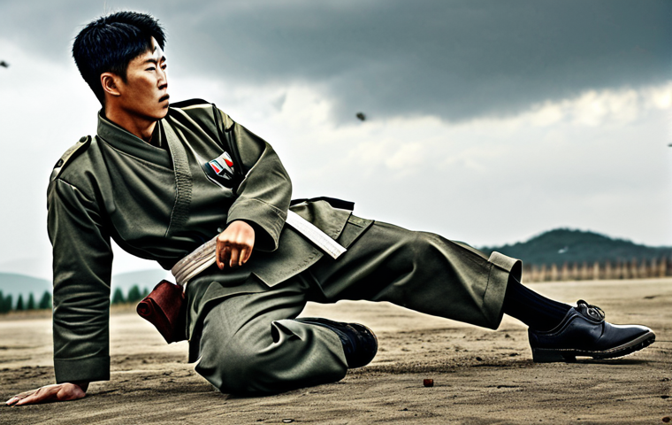 태권도 관련 영화 추천 - **Prompt:** A determined, fully clothed Korean War soldier in appropriate military attire, executing...